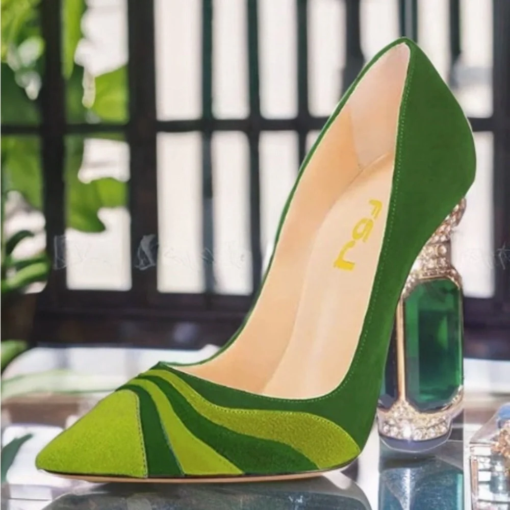 FSJ Women Bridal Pointed Toe Chunky Block High Heel Crystal Pumps Slip on - Picture 5 of 6